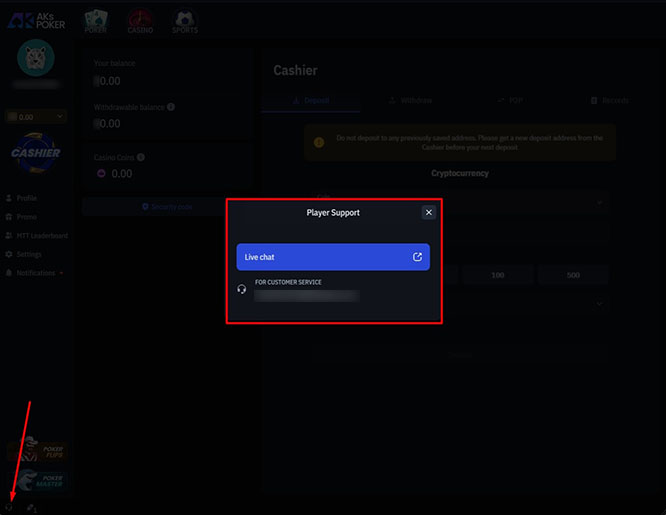 Окно техподдержки игроков в AKs Poker