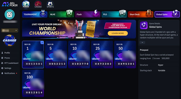 Раздел Global Spins в AKs Poker